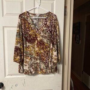 Mixed Animal Print V-Neck Tunic in Burgundy and Mustard